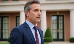 Stock Photo of businessman in front of building middle-aged male businessman standing with an office building in the background