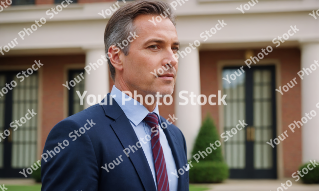 Stock Photo of businessman in front of building middle-aged male businessman standing with an office building in the background