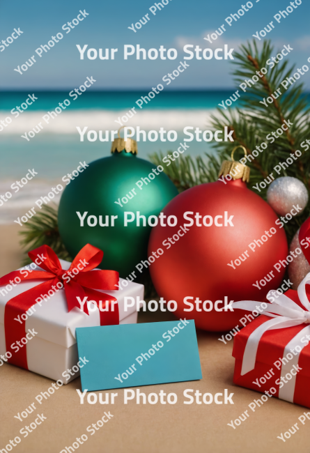 Stock Photo of christmas card with gift box christmas in july card with copy space wood pine decorations ribbon ornament xmas