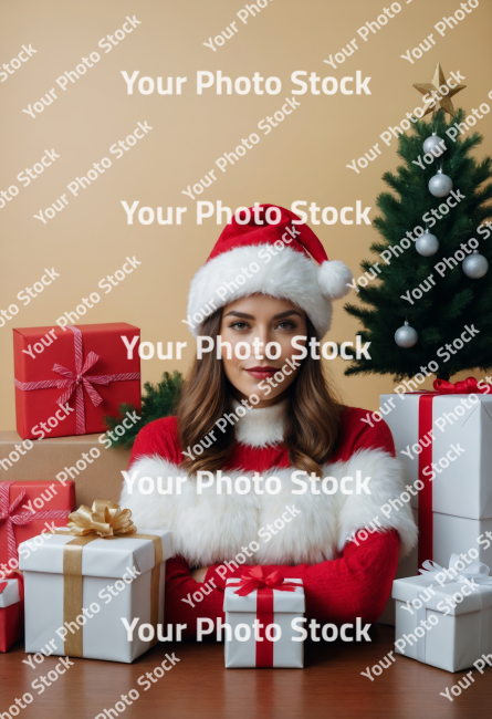 Stock Photo of christmas card with gift box christmas in july card with copy space wood pine decorations ribbon ornament xmas and hat christmas tree girl wiht hat