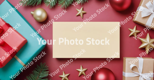 Stock Photo of christmas card with gift box christmas in july card with copy space wood pine decorations ribbon ornament xmas and hat christmas tree