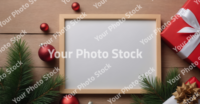 Stock Photo of christmas card with gift box christmas in july card with copy space wood pine decorations ribbon ornament xmas and hat christmas tree