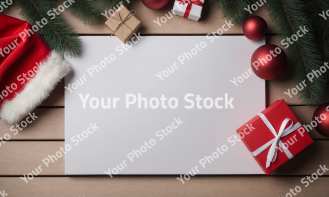 Stock Photo of christmas card with gift box christmas in july card with copy space wood pine decorations ribbon ornament xmas