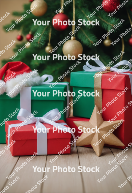 Stock Photo of christmas card with gift box christmas in july card with copy space wood pine decorations ribbon ornament xmas and hat christmas tree