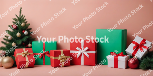 Stock Photo of christmas tree and gifts with presents xmas decoration with copy space