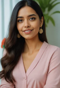 Stock Photo of beautiful young adult indian business woman looking at camera smiling head shot portrait positive skincare