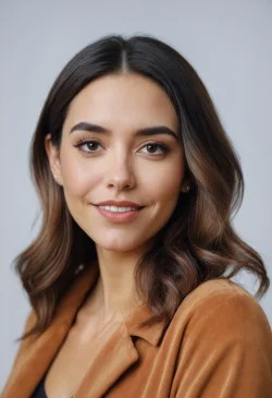 Stock Photo of beautiful latina woman with long hair business woman looking at camera smiling head shot portrait positive skincare