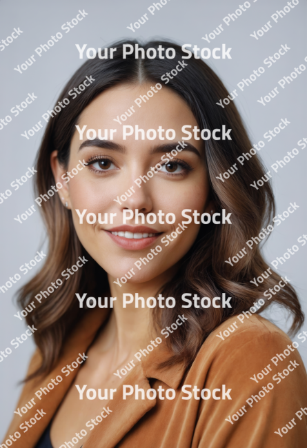 Stock Photo of beautiful latina woman with long hair business woman looking at camera smiling head shot portrait positive skincare