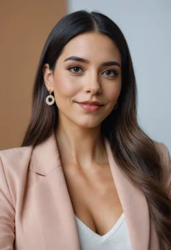 Stock Photo of beautiful latina woman with long hair business woman looking at camera smiling head shot portrait positive skincare