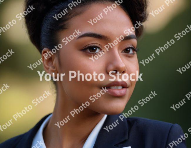 Stock Photo of beautiful young adult black woman business woman looking at camera smiling head shot portrait positive skincare