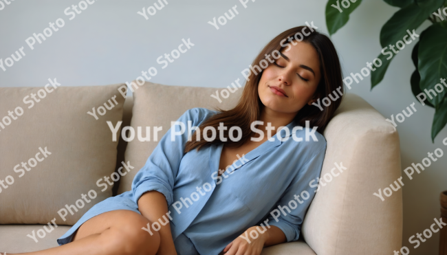 Stock Photo of beautiful woman relaxing on sofa relax time rest time resting long hair yoga lifestyle in living room blue tshirt