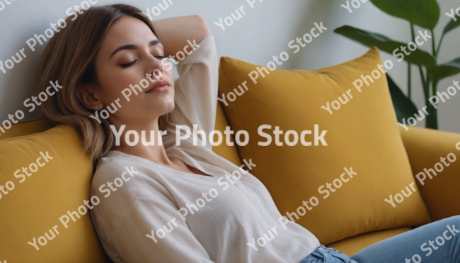 Stock Photo of beautiful woman relaxing on sofa relax time rest time resting long hair yoga lifestyle in living room blue tshirt