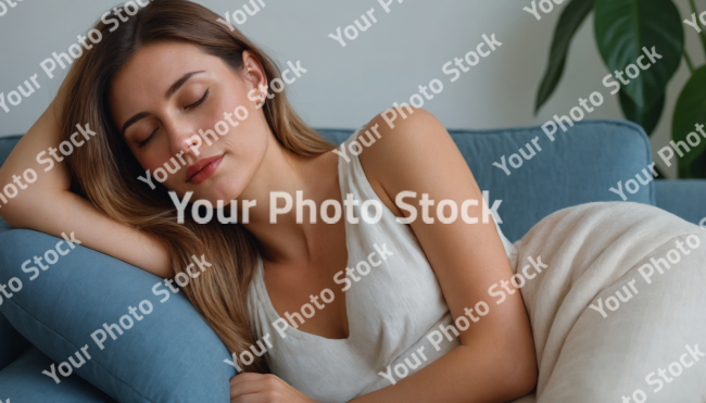 Stock Photo of beautiful woman relaxing on sofa relax time rest time resting long hair yoga lifestyle in living room blue tshirt