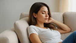 Stock Photo of beautiful woman relaxing on sofa relax time rest time resting long hair yoga lifestyle in living room blue tshirt