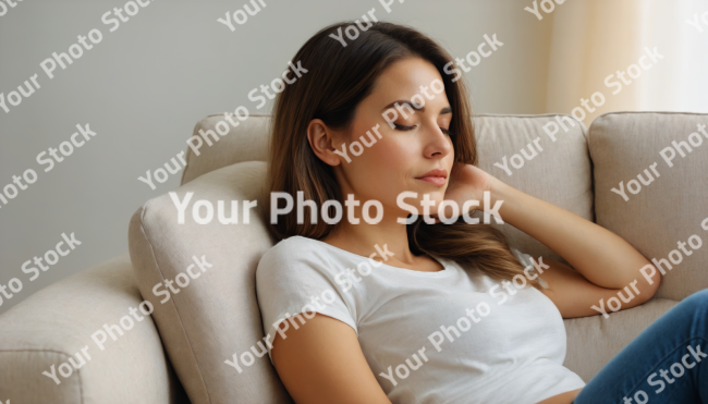 Stock Photo of beautiful woman relaxing on sofa relax time rest time resting long hair yoga lifestyle in living room blue tshirt