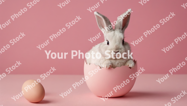 Stock Photo of easter bunny and easter eggs cute bunny adorable isolated on pastel pink background with copy space