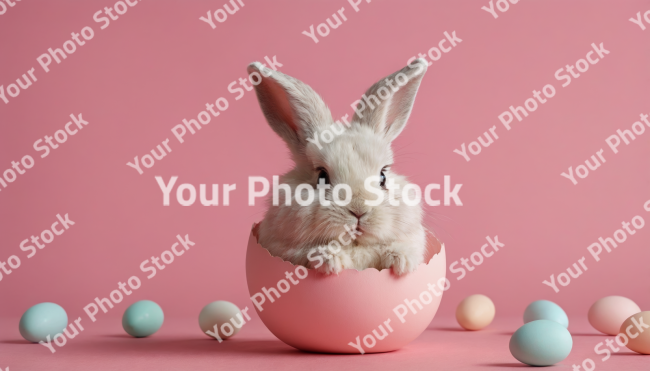 Stock Photo of easter bunny and easter eggs cute bunny adorable isolated on pastel pink background with copy space