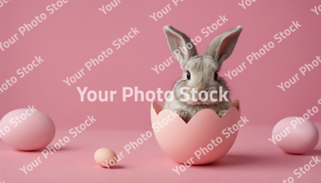 Stock Photo of easter bunny and easter eggs cute bunny adorable isolated on pastel pink background with copy space