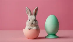 Stock Photo of easter bunny and easter eggs cute bunny adorable isolated on pastel pink background with copy space