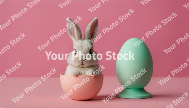 Stock Photo of easter bunny and easter eggs cute bunny adorable isolated on pastel pink background with copy space